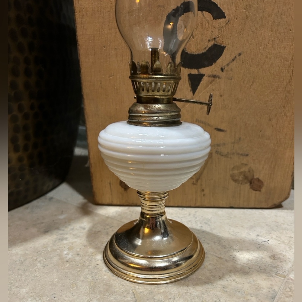 Vintage Miniature Oil Lamp with Milk Glass and Clear Glass Chimney